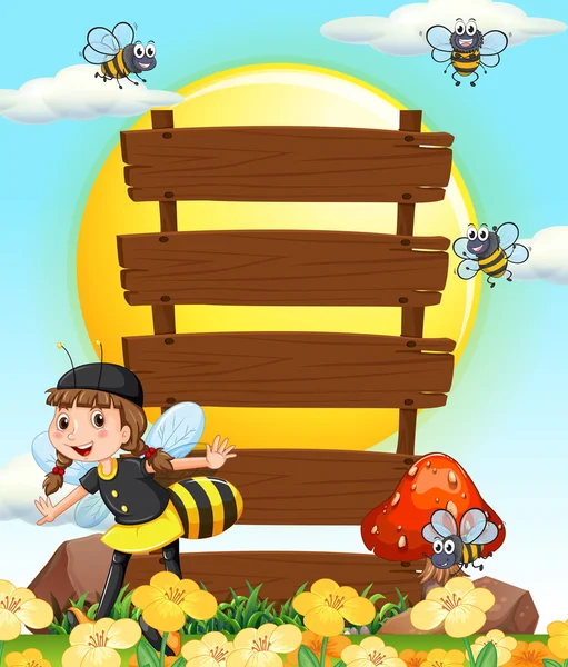Drewniane znaki i dziewczynka w strój pszczoły — Wektor stockowy
