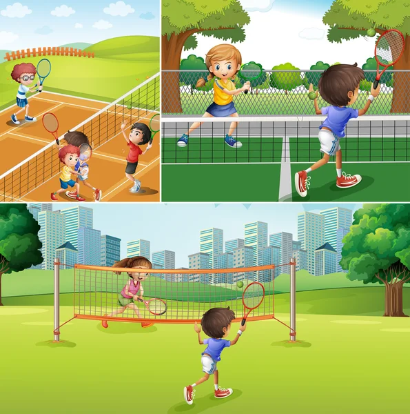 Crianças jogando tênis nos tribunais —  Vetores de Stock