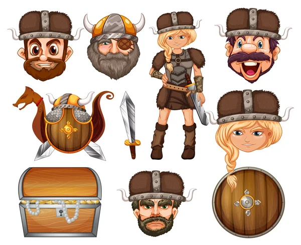 Viking heads and weapons — Stock Vector