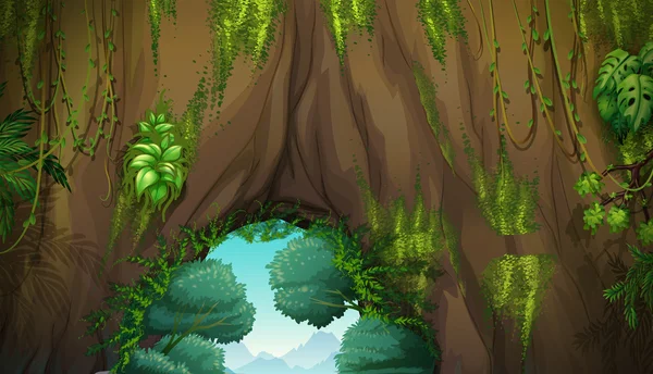 Natuur scène met grot en bomen — Stockvector