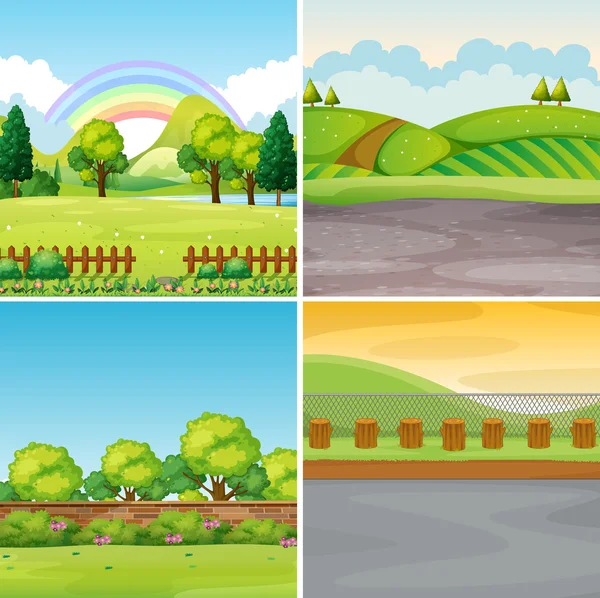 Four scenes with field and mountains — Stock Vector