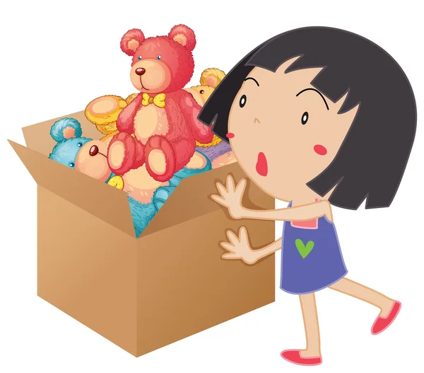 Meisje duwen doos vol met teddyberen — Stockvector