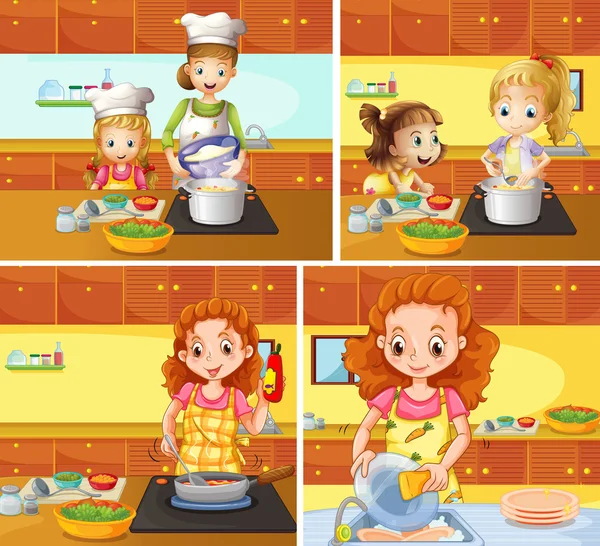 Mère et fille de cuisson et nettoyage — Image vectorielle