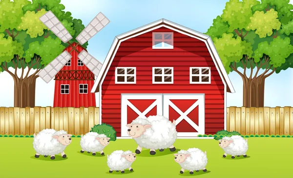 Sheeps in the farm with red barns — Stock Vector