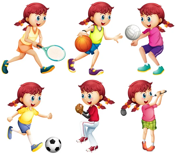 Chica haciendo diferentes tipos de deportes — Vector de stock