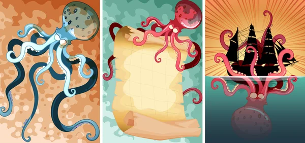 Pulpo gigante en tres escenas diferentes — Vector de stock