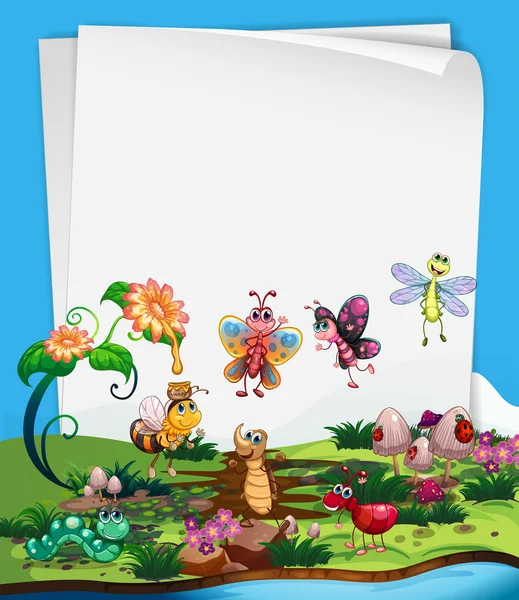 Plantilla de papel con insectos en el jardín — Vector de stock