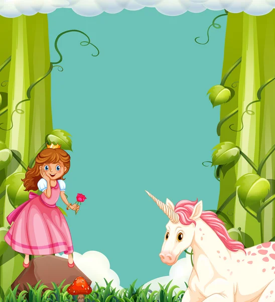 Princesa y unicornio en el bosque — Vector de stock