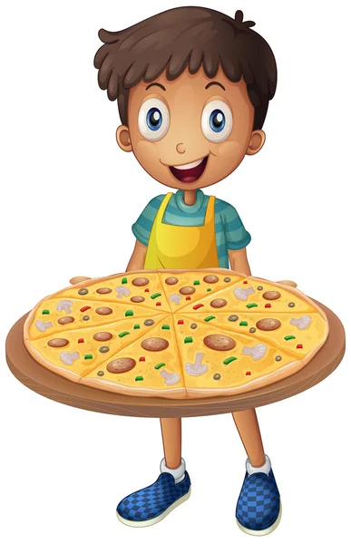 Хлопчик тримає лоток піци — стоковий вектор