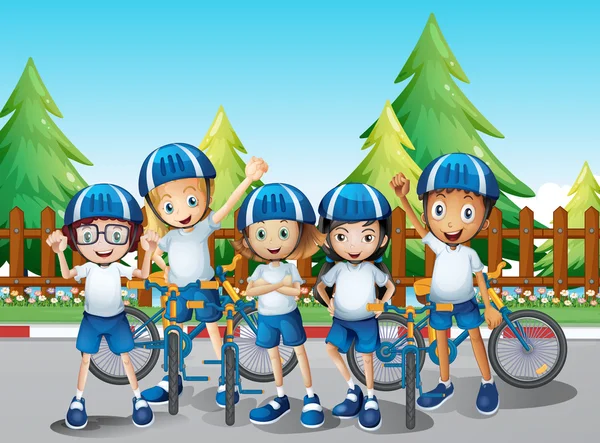 Niños con su bicicleta en la carretera — Vector de stock