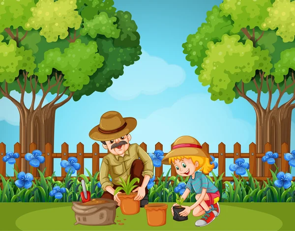 Lány és a nagyapja ültetés a kertben — Stock Vector