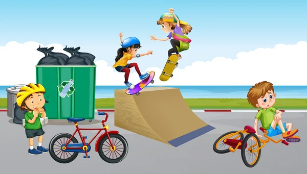 骑自行车和玩滑板的孩子 图库插图