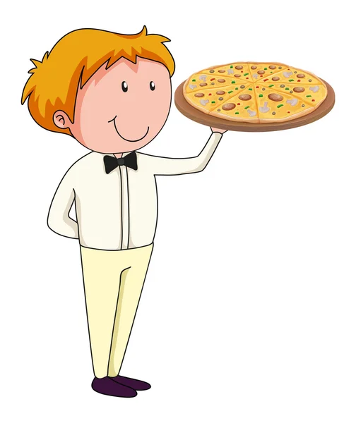 Male waiter serving tray of pizza — Stock Vector