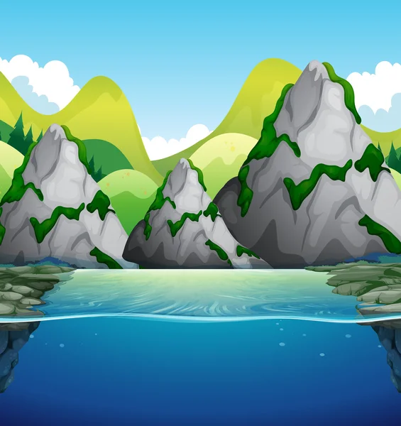 Escena de naturaleza con montaña y lago — Vector de stock