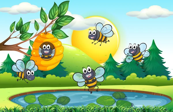 Escena natural con abejas y colmena — Archivo Imágenes Vectoriales