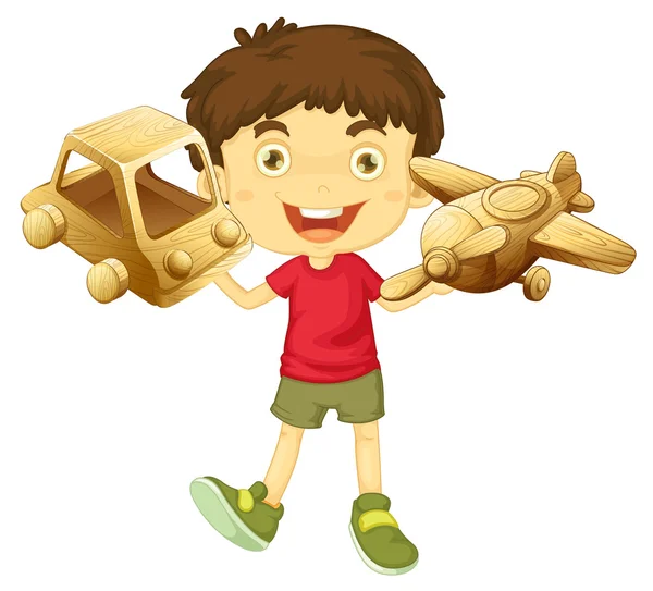 Boy holding wooden toys in both hands — Stock Vector