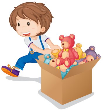 Küçük çocuk oyuncak ayılar kutu çekerek