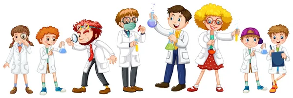 Molti scienziati e studenti in abito bianco — Vettoriale Stock