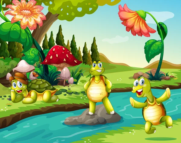 Tiga kura-kura di sungai - Stok Vektor