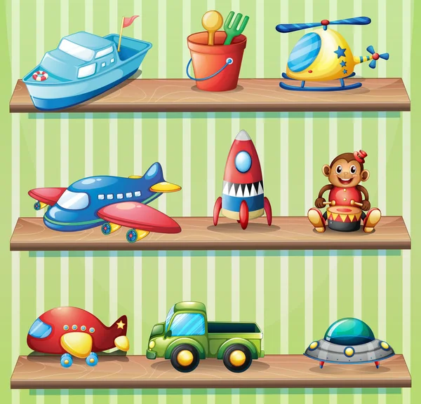 Verschillende speelgoed op planken — Stockvector