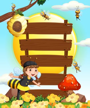 Ahşap işaretler ve bahçede uçan arı