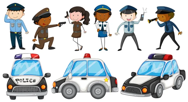 Agenti di polizia e auto della polizia — Vettoriale Stock