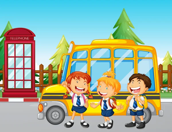 Students standing by the school bus — Stock Vector