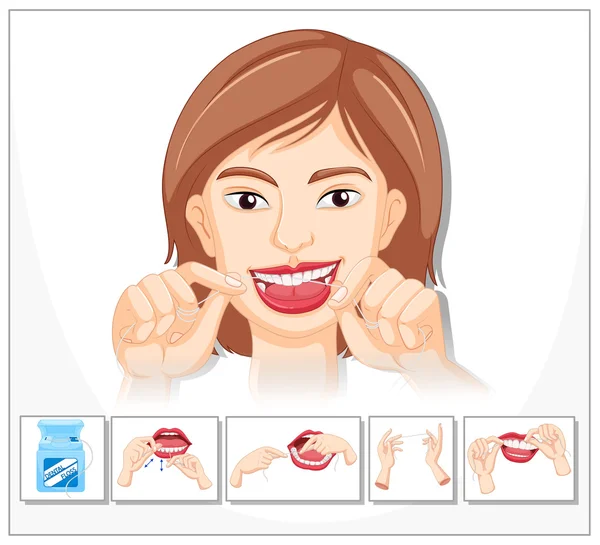Женщина показывает, как чистить зубы нитью — стоковый вектор