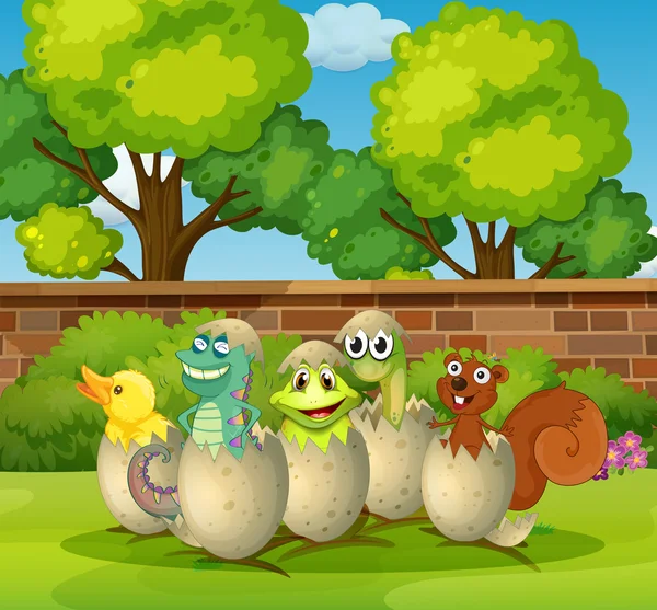 Animais em cascas de ovos no parque — Vetor de Stock