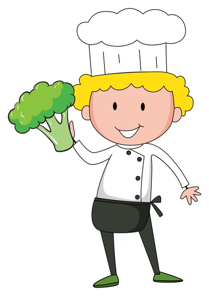 Chef sosteniendo brócoli en una mano — Vector de stock