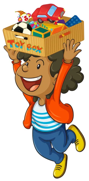Niño sosteniendo caja de juguetes en su cabeza — Vector de stock