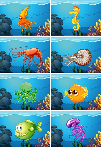 Adegan dengan hewan laut di bawah laut - Stok Vektor