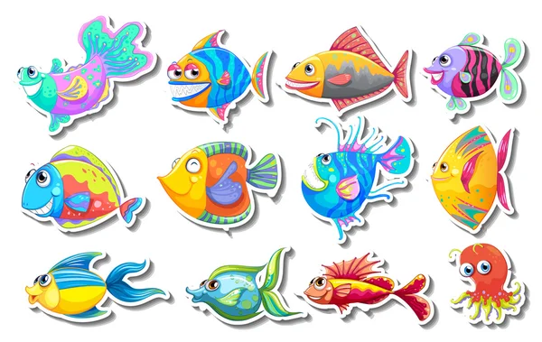 Sticker serti de poissons fantaisie — Image vectorielle