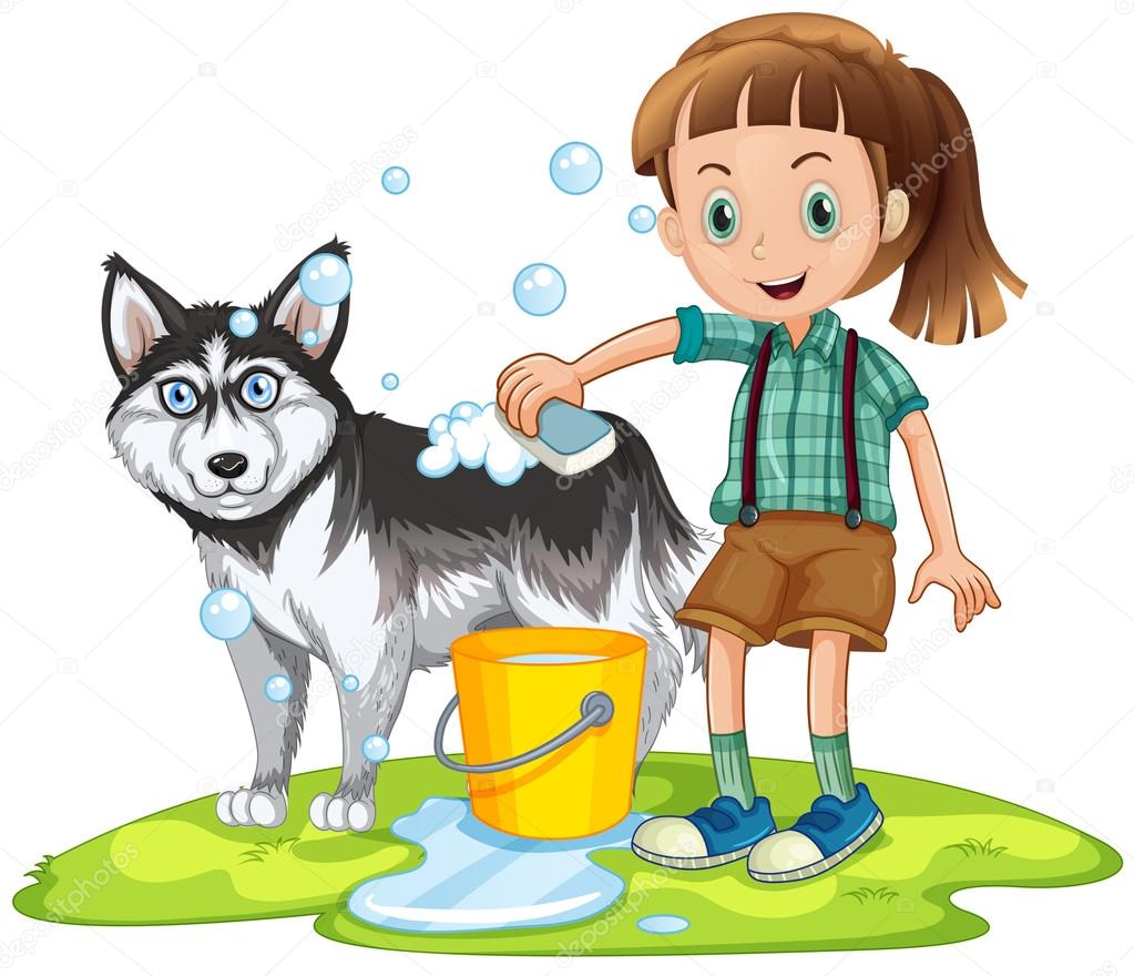 Girl giving bath to pet dog Stock Vector Image by ©interactimages