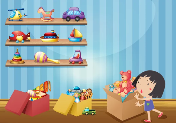 Meisje en veel speelgoed op planken — Stockvector