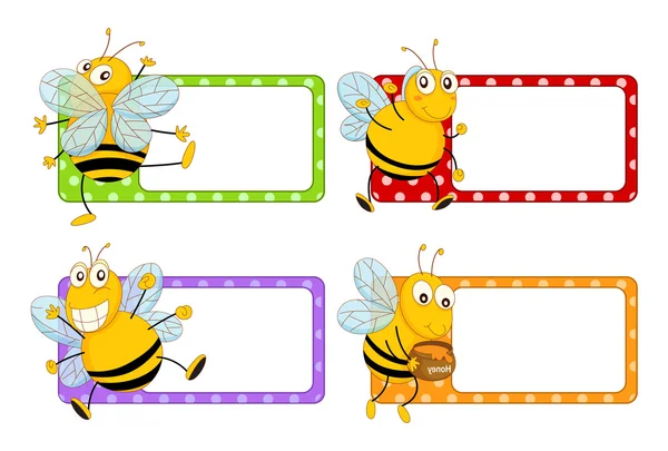 Quadratische Etiketten mit glücklichen Bienen — Stockvektor