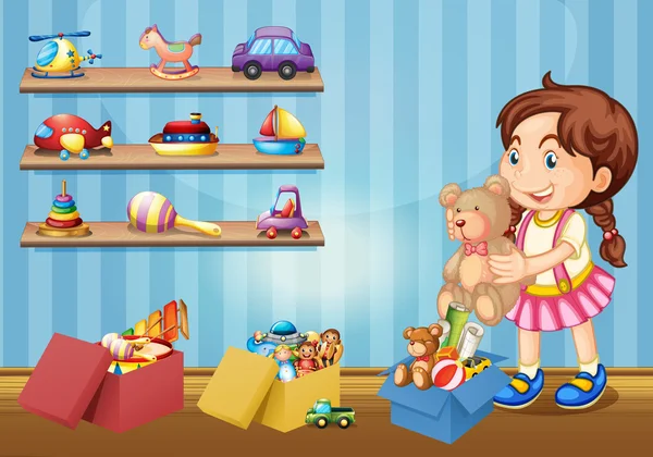 Little girl and many toys — Stock Vector