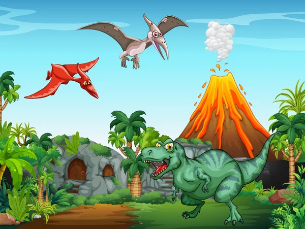 Muchos dinosaurios en el campo — Vector de stock