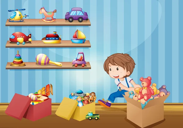Petit garçon et de nombreux jouets — Image vectorielle