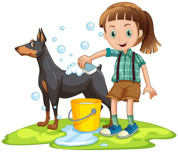 Маленька дівчинка дає ванну собаці — стоковий вектор