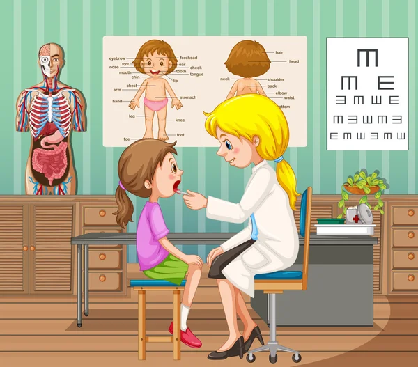 Médico dando tratamiento a niña en la clínica — Vector de stock