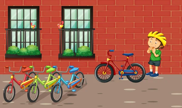 Menino e muitas bicicletas perto do edifício — Vetor de Stock
