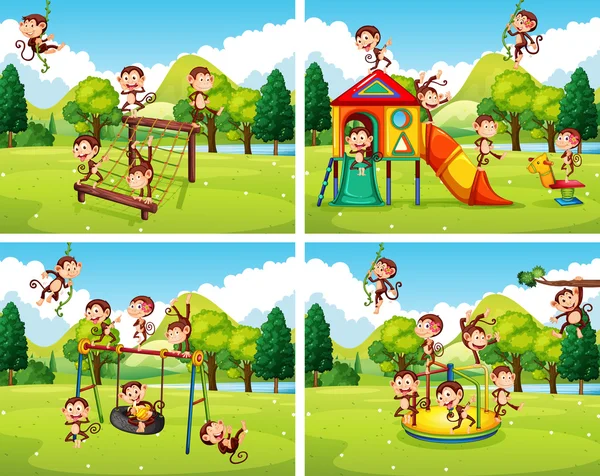 Escenas con monos jugando en el parque — Vector de stock