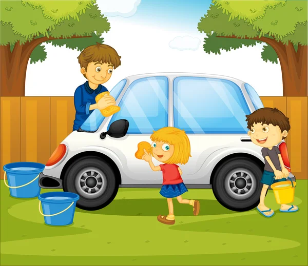Vader en kinderen wassen van de auto in het park — Stockvector