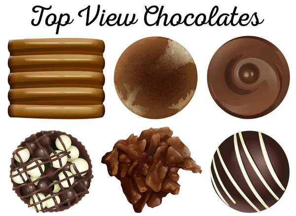 Top vista chocolates em diferentes formas —  Vetores de Stock