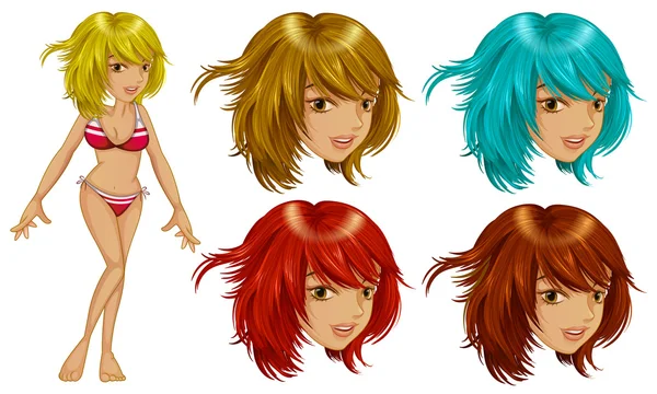 Girl in bikini and different hair colors — Stock Vector