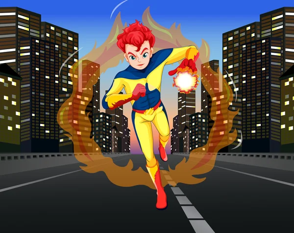 Superhero on the road in the city — Stock Vector