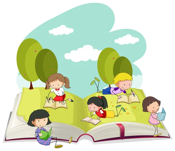 Kinderen die boeken lezen in het park — Stockvector