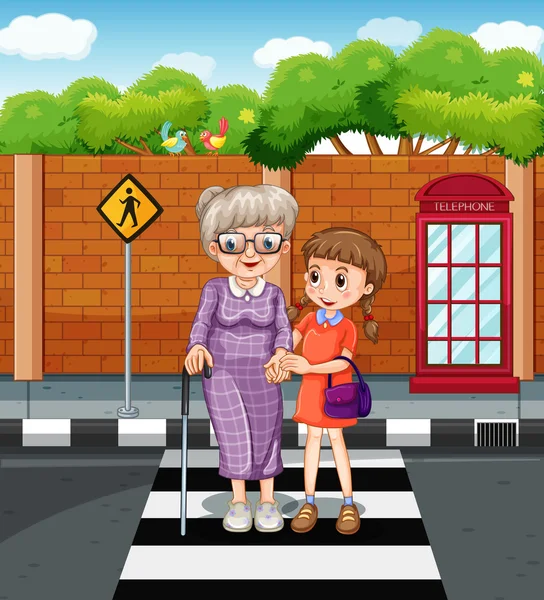Menina e velha senhora cruzando a estrada —  Vetores de Stock