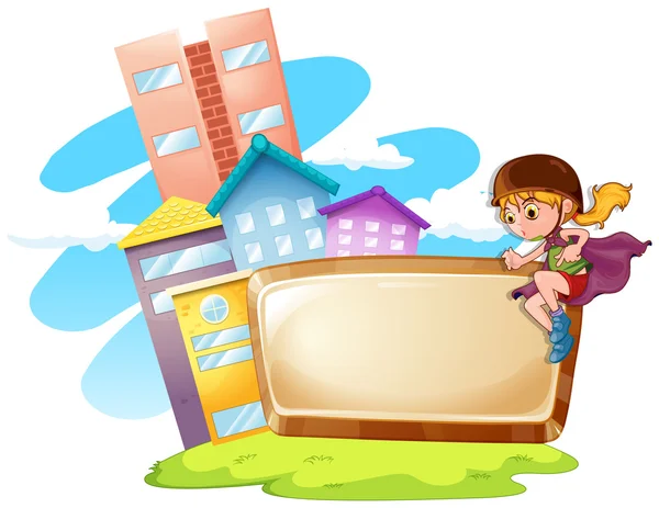 Border design with kid and buildings — Stock Vector